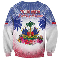 Blue sweatshirt with custom text, Haitian flag scene, palm trees and flowers