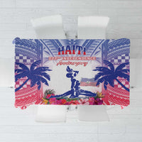 Rectangular tablecloth with Haiti independence graphic, palm trees, and blue maroon border