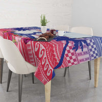 Rectangular tablecloth with maroon center stripes and blue decorative border