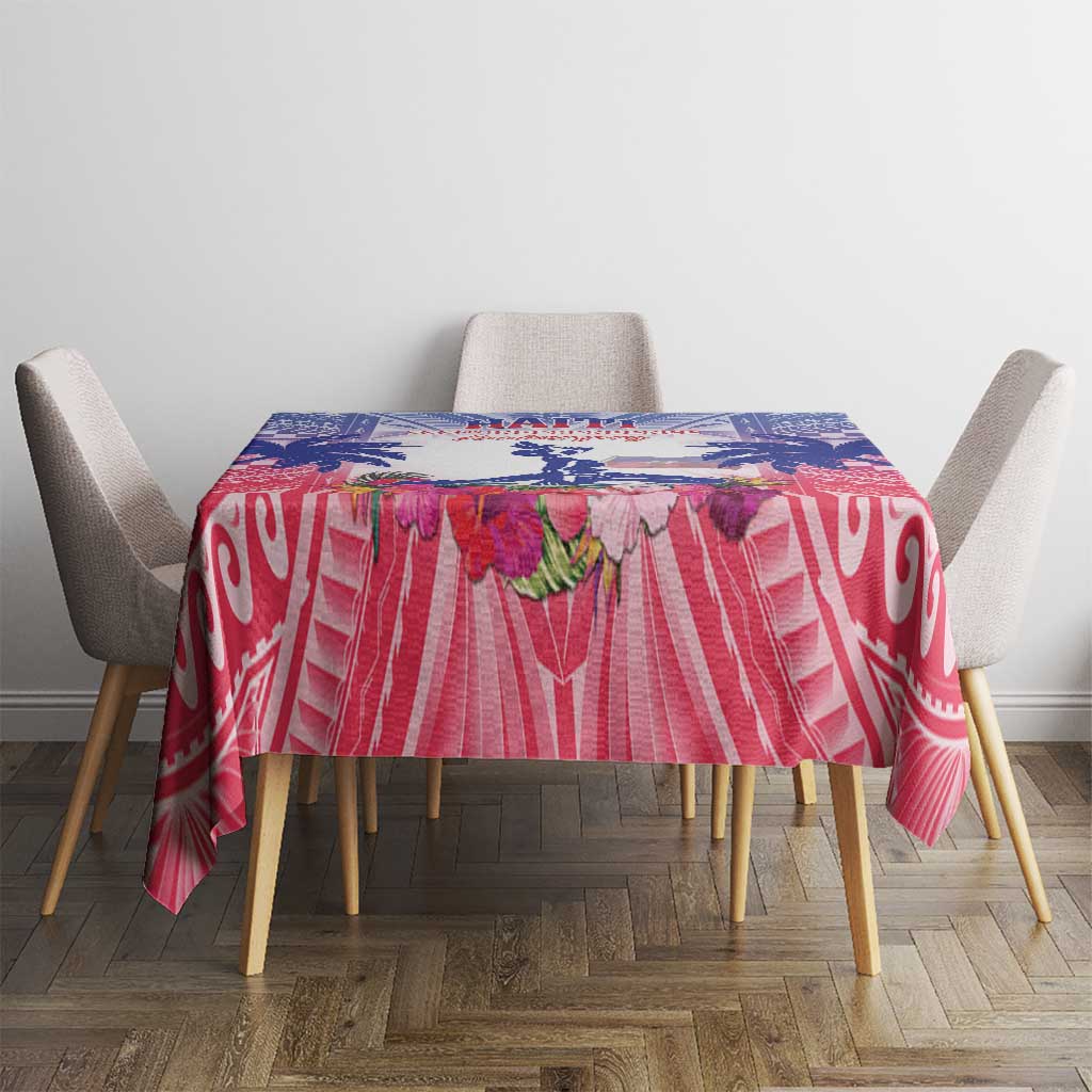 Rectangular blue and maroon tablecloth with tropical graphics and patterned border