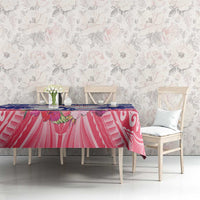 Rectangular Polynesian-style tablecloth in maroon and blue with floral and geometric print