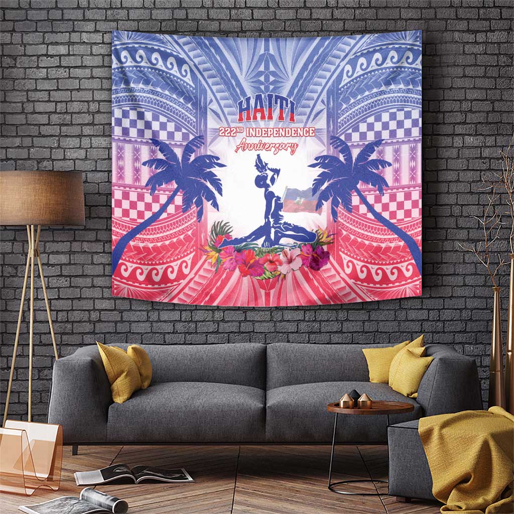 Blue, pink and red Haiti Independence tapestry with central standing figure and palms.