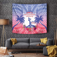 Blue, pink and red Haiti Independence tapestry with central standing figure and palms.