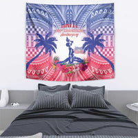 Wall hanging tapestry in blue, pink and red featuring Haiti Independence anniversary design.