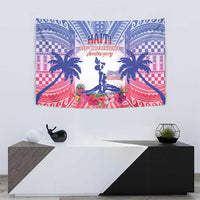 Blue, pink and red Haiti Independence tapestry with silhouette figure and floral border.