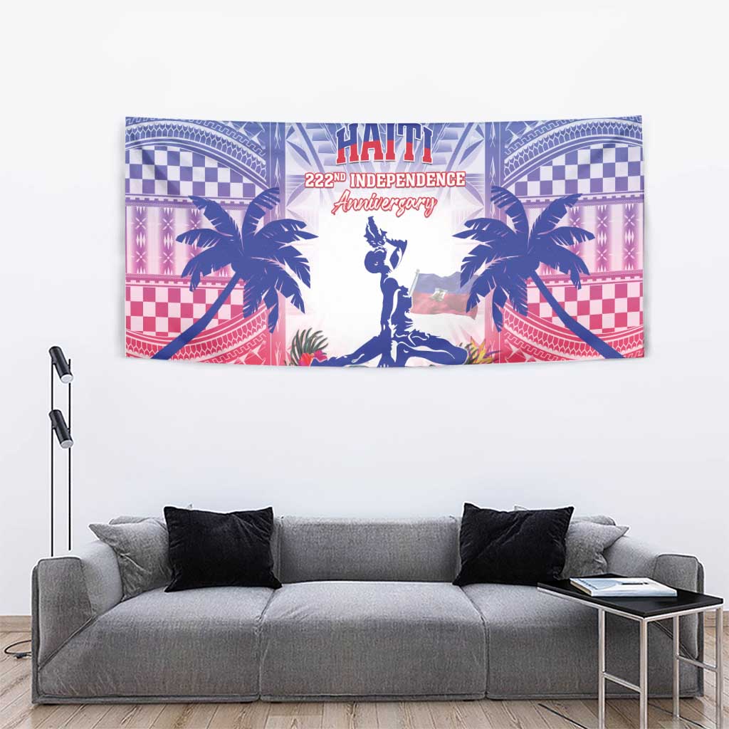 Haiti Independence wall tapestry in blue, pink and red with standing figure and palms.