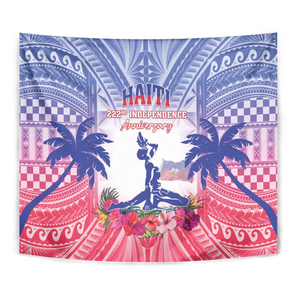 Close-up Haiti Independence tapestry: blue, pink and red design with central statue and flowers.