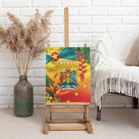 Grenada-themed canvas wall art on an easel, showing colorful flag design and tropical details
