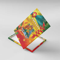 Corner view of Grenada canvas wall art with flag colors, tropical plants, and star accents