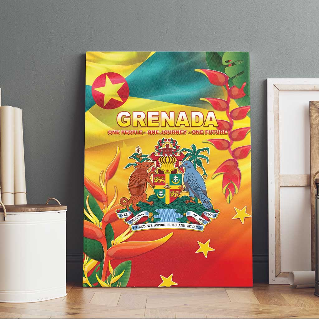 Canvas wall art with Grenada flag artwork, coat of arms, birds, and bright tropical foliage