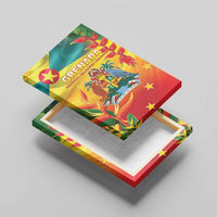 Angled view of Grenada flag canvas wall art with coastal animals, plants, and scattered stars