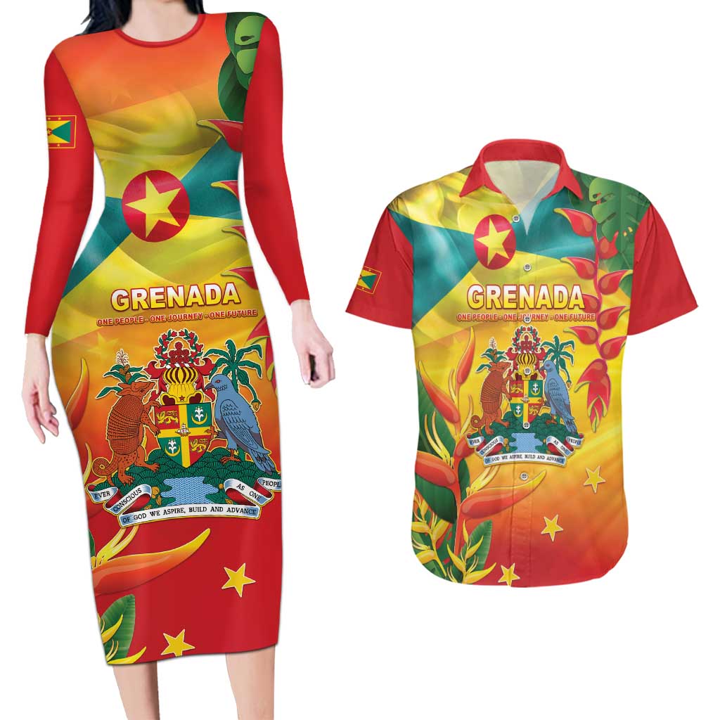 Grenada Couples Matching Long Sleeve Bodycon Dress and Hawaiian Shirt Gwenad Flag With Heliconia Lobster Claws