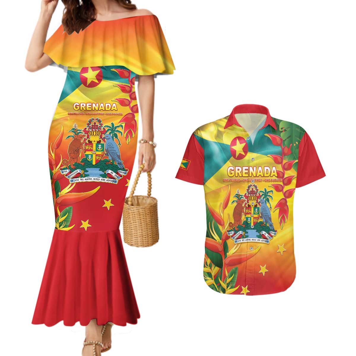 Grenada Couples Matching Mermaid Dress and Hawaiian Shirt Gwenad Flag With Heliconia Lobster Claws