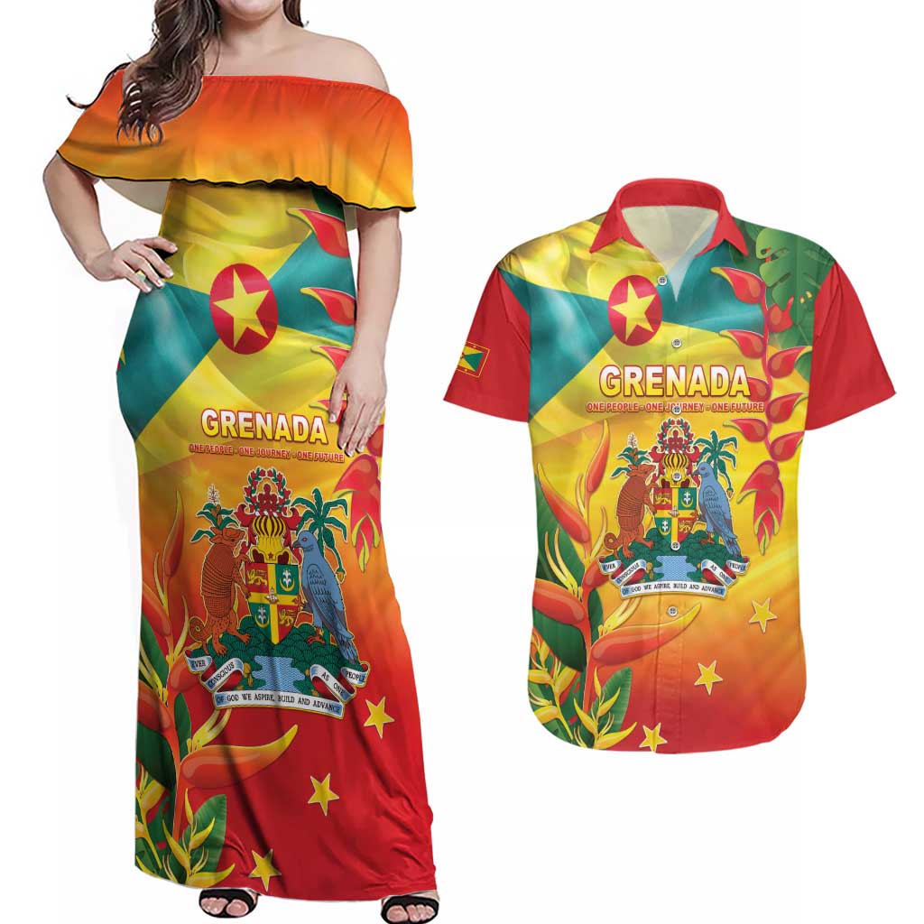 Grenada Couples Matching Off Shoulder Maxi Dress and Hawaiian Shirt Gwenad Flag With Heliconia Lobster Claws