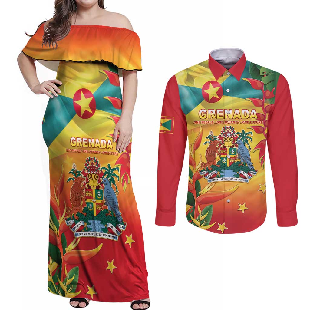 Grenada Couples Matching Off Shoulder Maxi Dress and Long Sleeve Button Shirt Gwenad Flag With Heliconia Lobster Claws