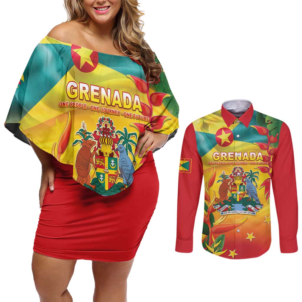 Grenada Couples Matching Off Shoulder Short Dress and Long Sleeve Button Shirt Gwenad Flag With Heliconia Lobster Claws