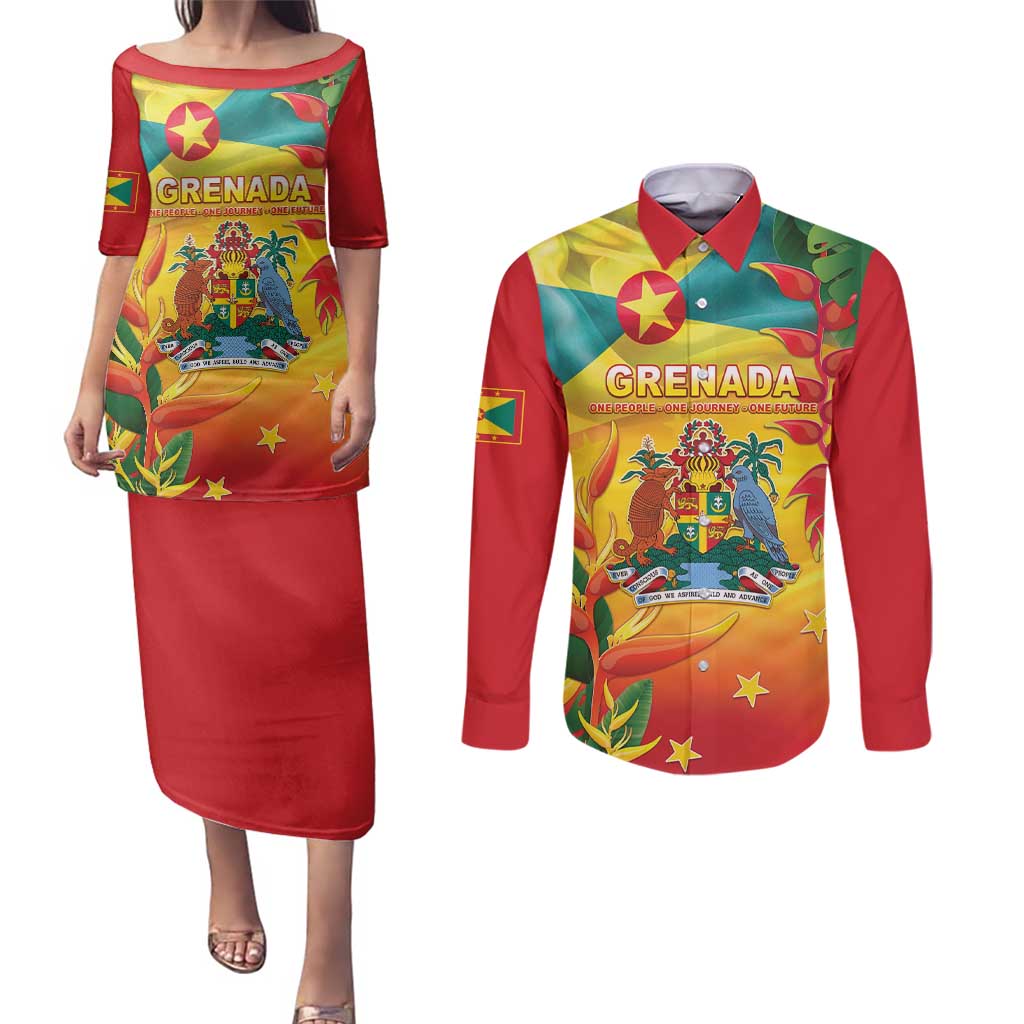 Grenada Couples Matching Puletasi and Long Sleeve Button Shirt Gwenad Flag With Heliconia Lobster Claws