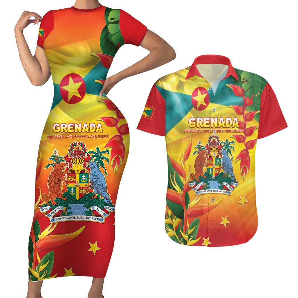 Grenada Couples Matching Short Sleeve Bodycon Dress and Hawaiian Shirt Gwenad Flag With Heliconia Lobster Claws