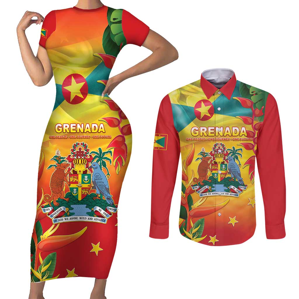 Grenada Couples Matching Short Sleeve Bodycon Dress and Long Sleeve Button Shirt Gwenad Flag With Heliconia Lobster Claws