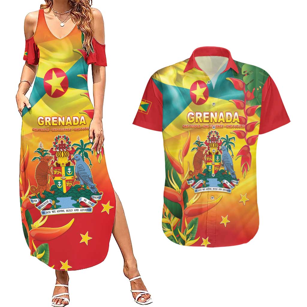 Grenada Couples Matching Summer Maxi Dress and Hawaiian Shirt Gwenad Flag With Heliconia Lobster Claws