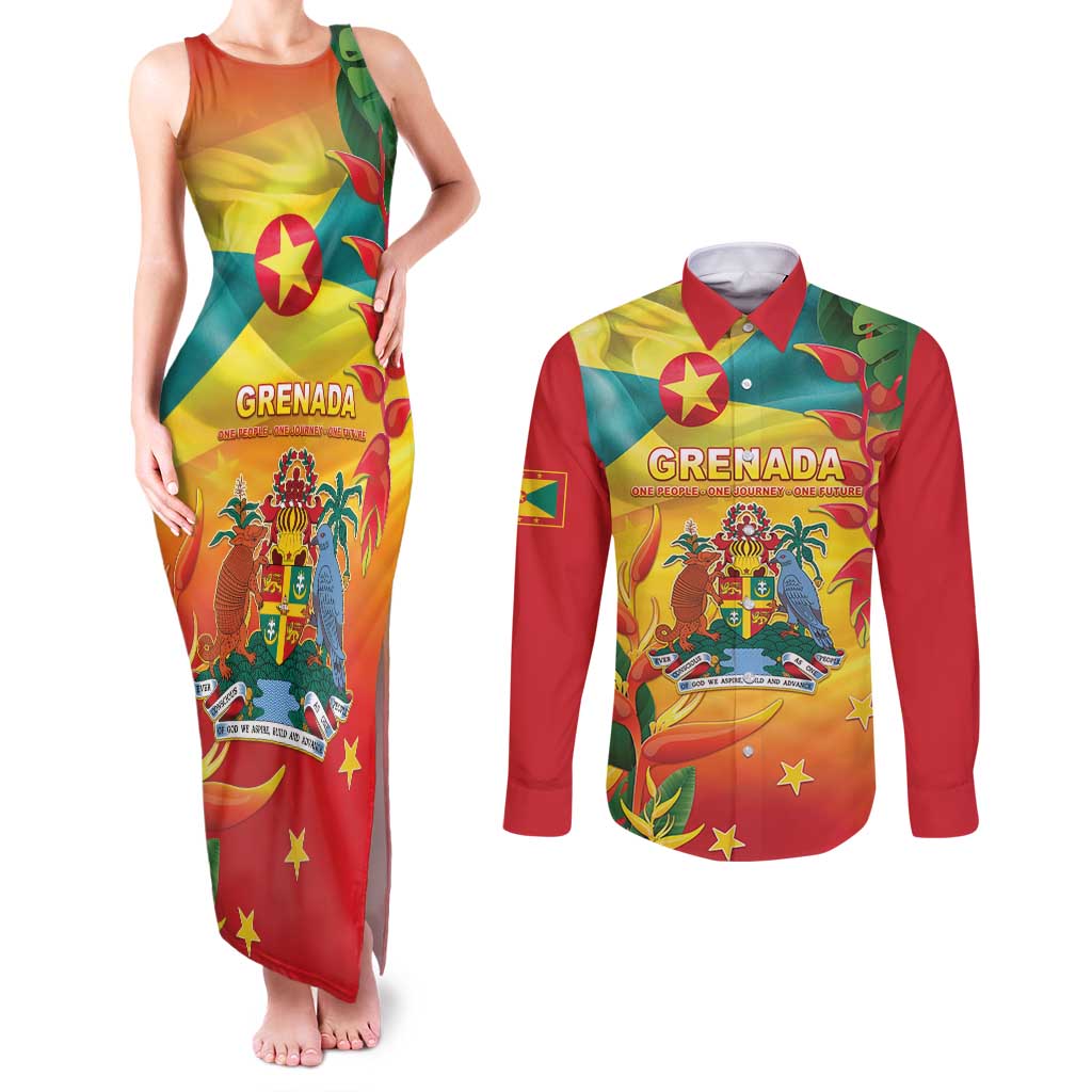 Grenada Couples Matching Tank Maxi Dress and Long Sleeve Button Shirt Gwenad Flag With Heliconia Lobster Claws