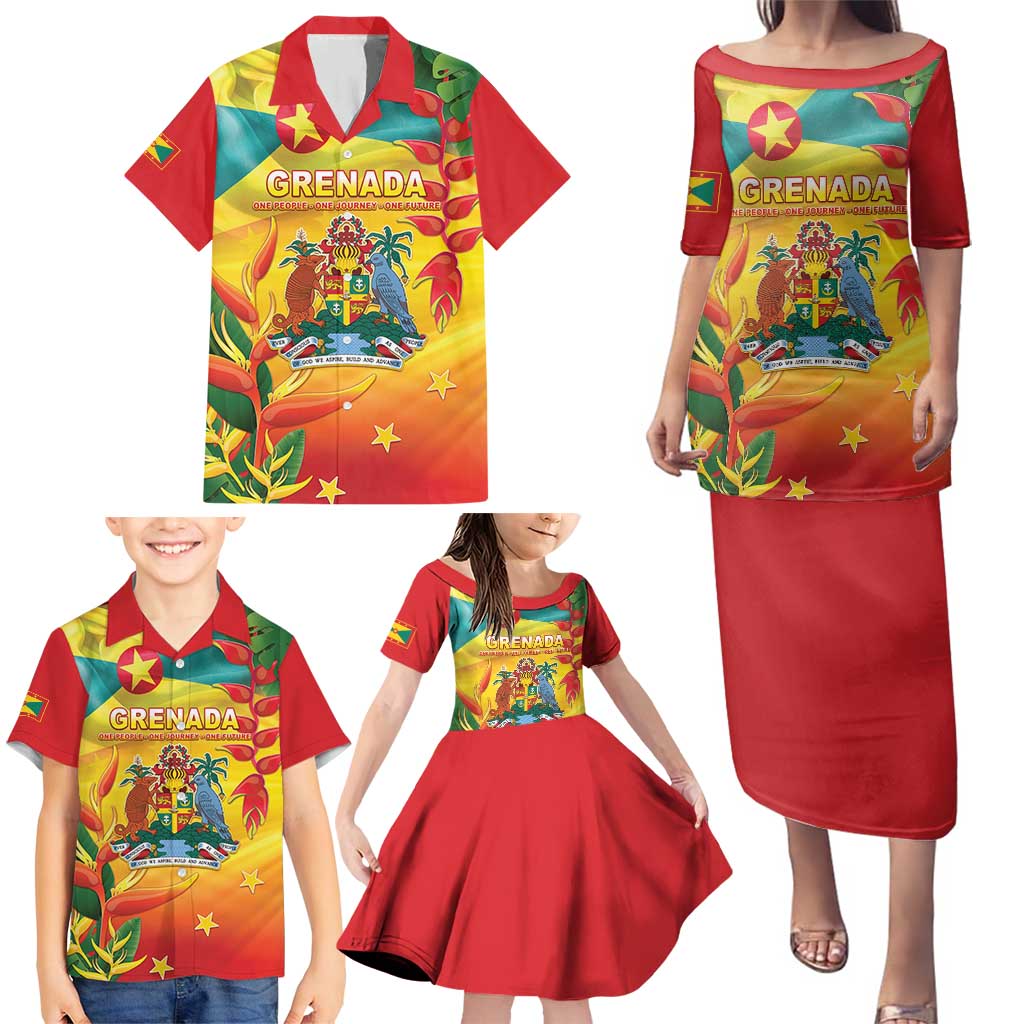 Grenada Family Matching Puletasi and Hawaiian Shirt Gwenad Flag With Heliconia Lobster Claws