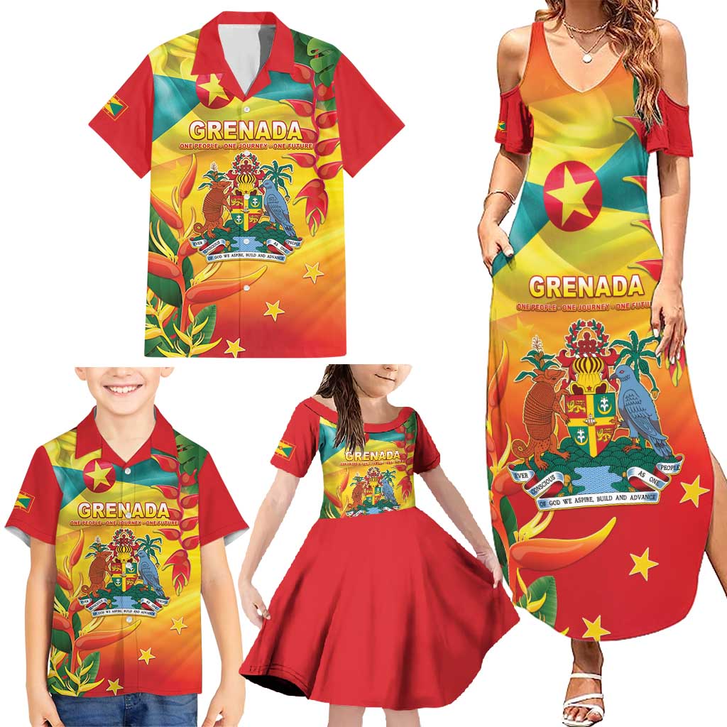 Grenada Family Matching Summer Maxi Dress and Hawaiian Shirt Gwenad Flag With Heliconia Lobster Claws