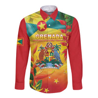 Long-sleeve button shirt with Grenada flag graphic, red sleeves, collared front