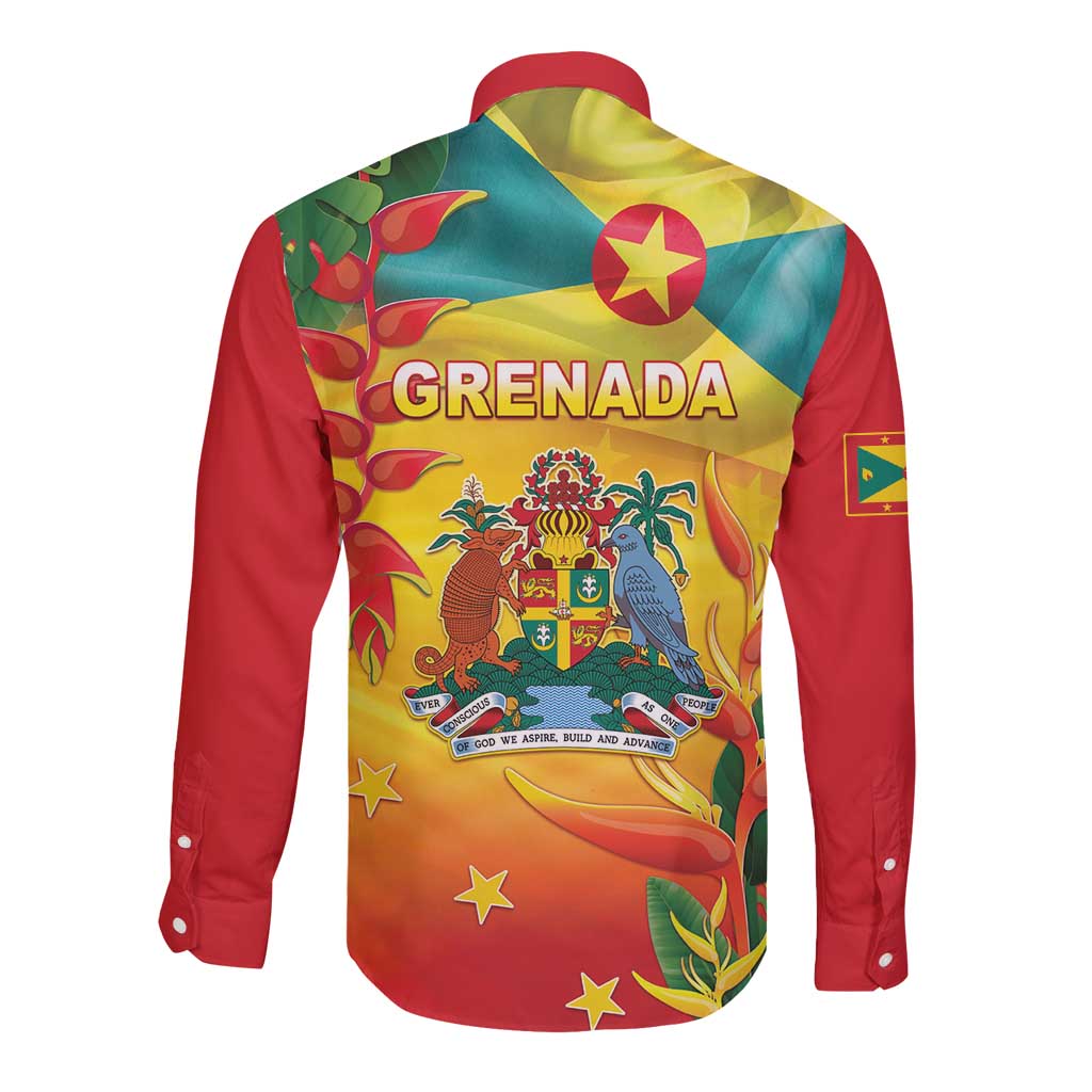 Long-sleeve button shirt with Grenada graphic on back, red side panels, collared