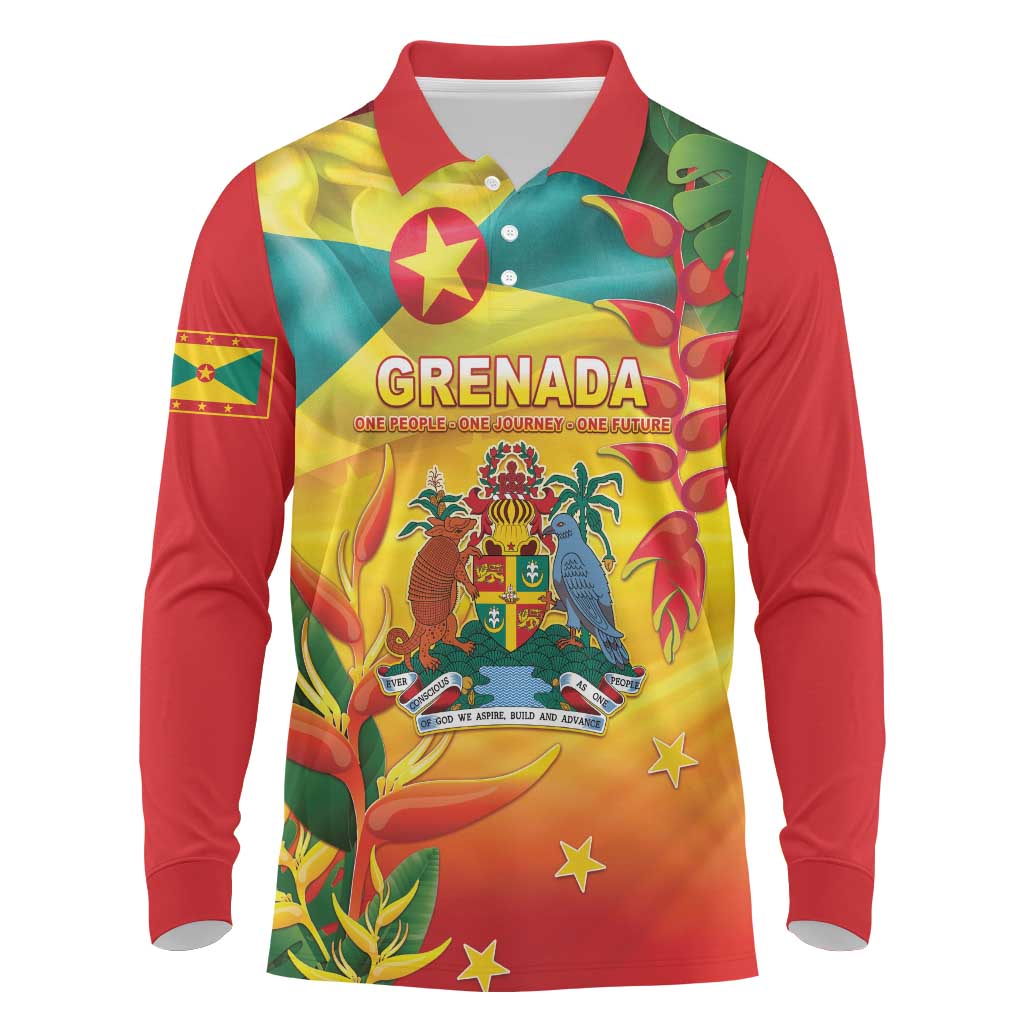 Grenada Long Sleeve Polo Shirt Gwenad Flag With Heliconia Lobster Claws