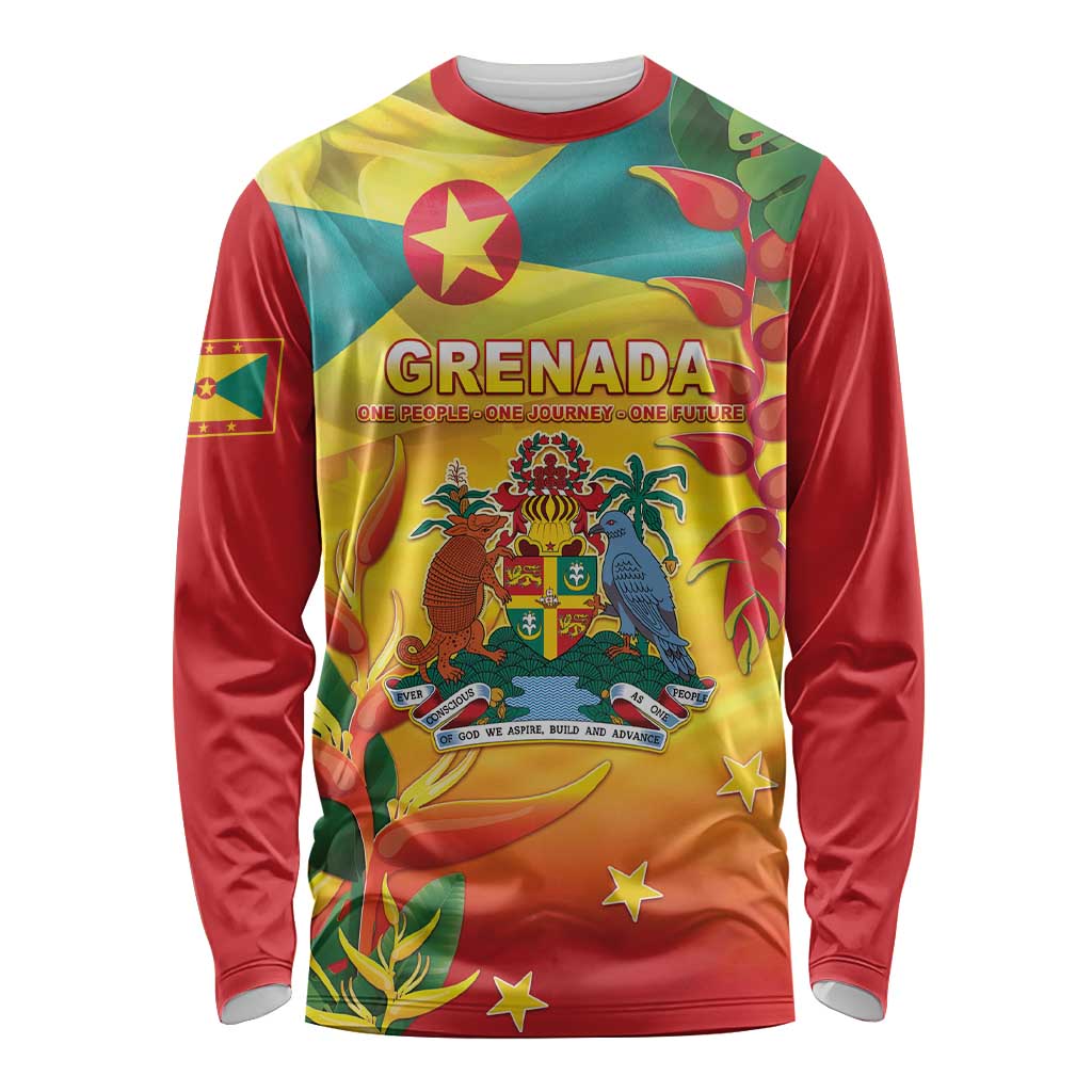 Unisex long sleeve shirt with Grenada flag-style graphic, red yellow green, crew neck