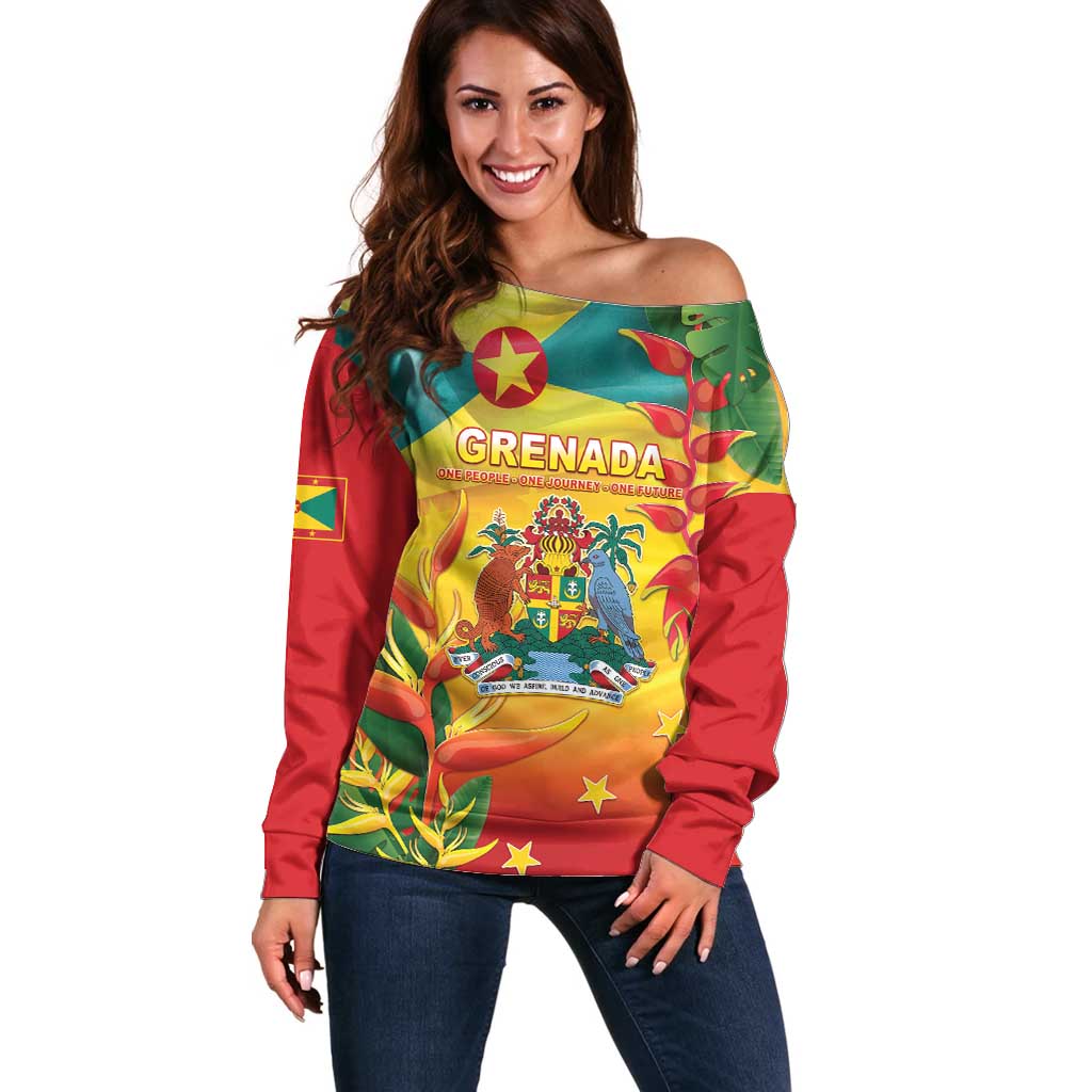 Grenada Off Shoulder Sweater Gwenad Flag With Heliconia Lobster Claws