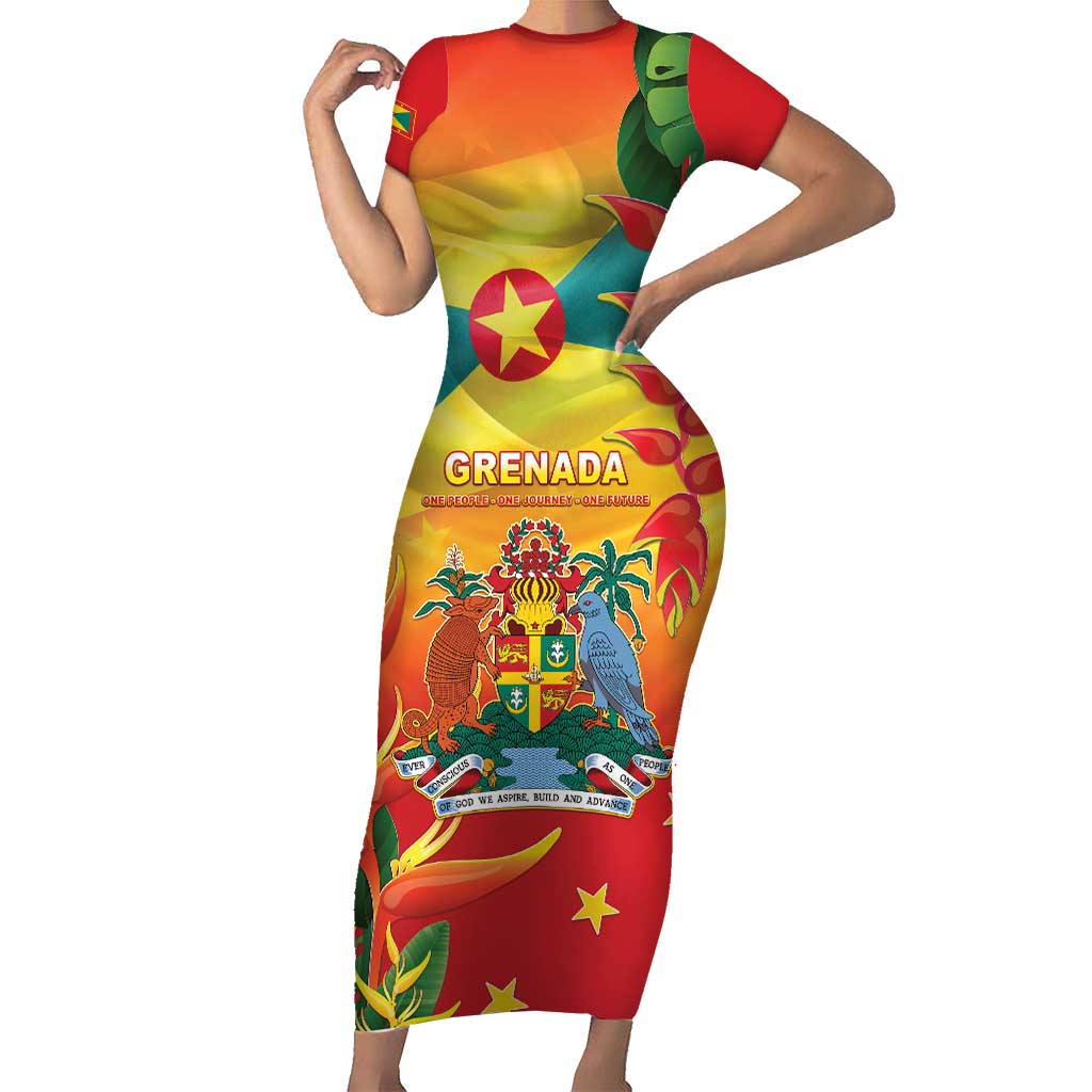 Grenada Short Sleeve Bodycon Dress Gwenad Flag With Heliconia Lobster Claws