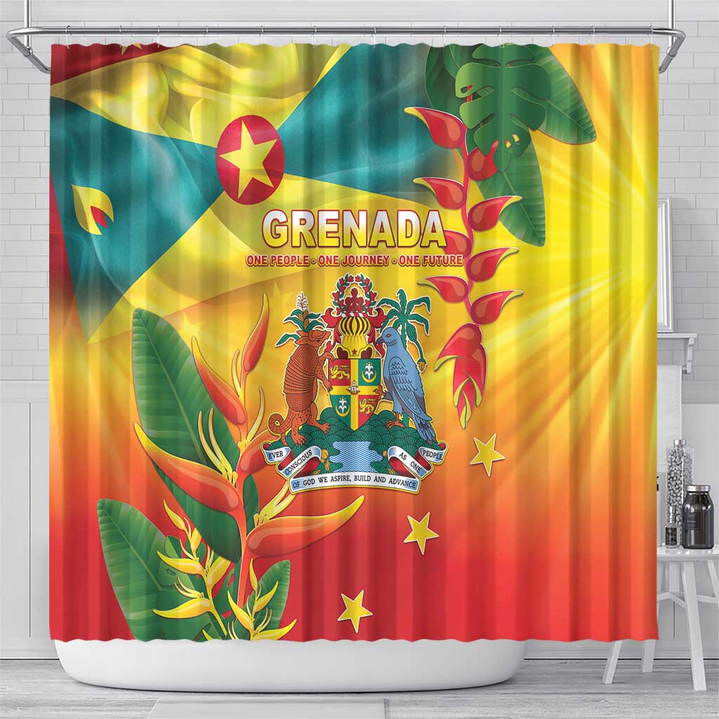 Grenada shower curtain featuring flag colors, GRENADA lettering, tropical plants, stars