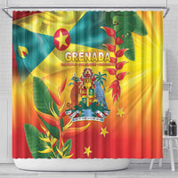 Grenada shower curtain featuring flag colors, GRENADA lettering, tropical plants, stars