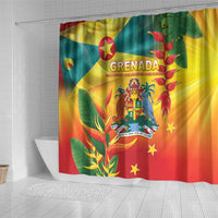 Grenada shower curtain with flag-themed artwork, GRENADA text and shield crest, stars