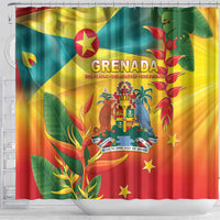 Grenada shower curtain with bold GRENADA headline, coat of arms, and tropical leaf motifs