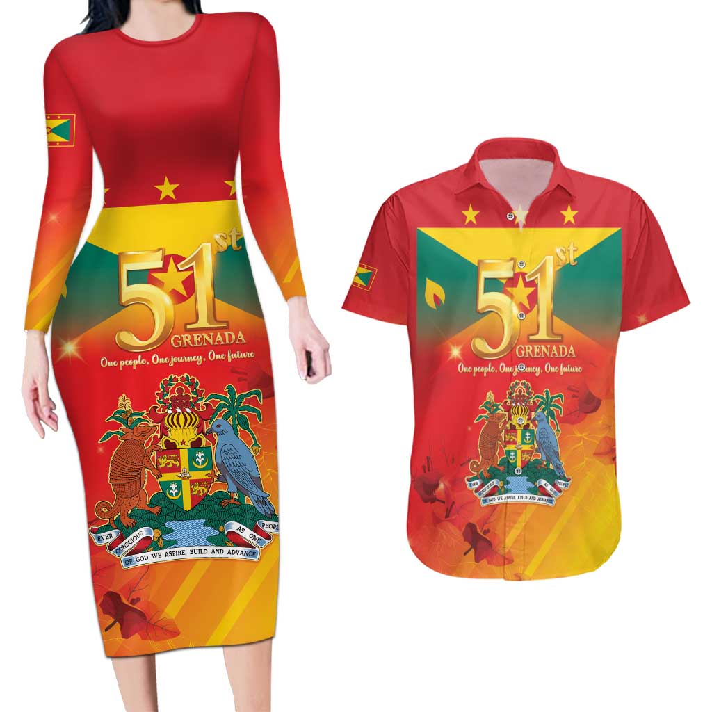 Happy 51st Independence Day Grenada Couples Matching Long Sleeve Bodycon Dress and Hawaiian Shirt One People One Journey One Future