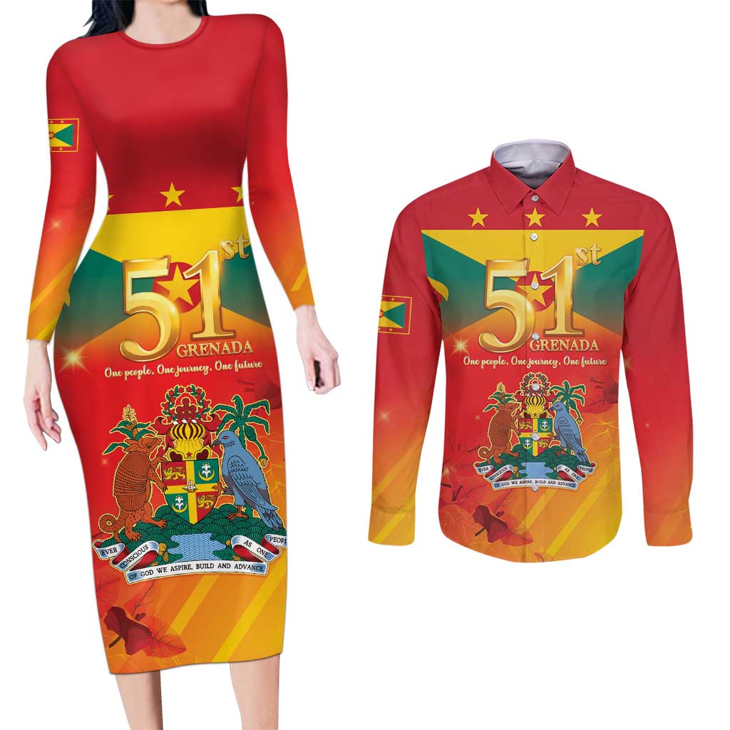 Happy 51st Independence Day Grenada Couples Matching Long Sleeve Bodycon Dress and Long Sleeve Button Shirt One People One Journey One Future