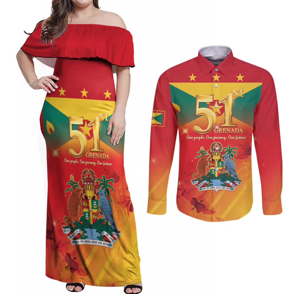 Happy 51st Independence Day Grenada Couples Matching Off Shoulder Maxi Dress and Long Sleeve Button Shirt One People One Journey One Future