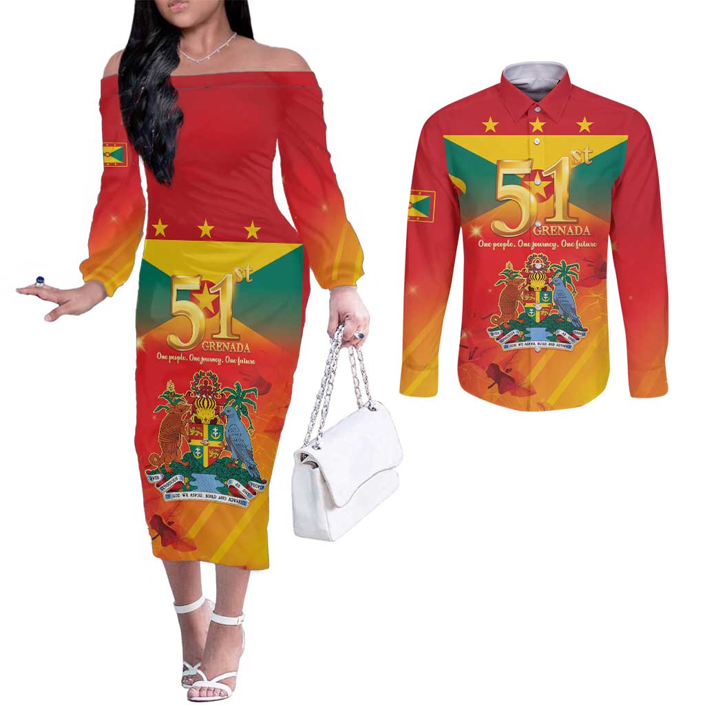 Happy 51st Independence Day Grenada Couples Matching Off The Shoulder Long Sleeve Dress and Long Sleeve Button Shirt One People One Journey One Future