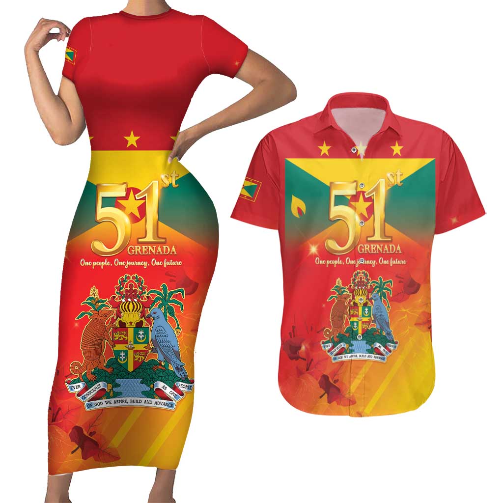 Happy 51st Independence Day Grenada Couples Matching Short Sleeve Bodycon Dress and Hawaiian Shirt One People One Journey One Future