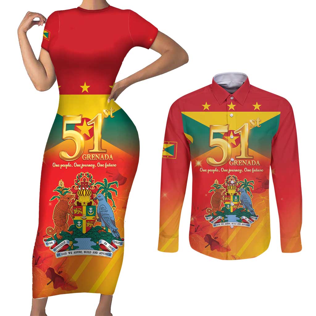 Happy 51st Independence Day Grenada Couples Matching Short Sleeve Bodycon Dress and Long Sleeve Button Shirt One People One Journey One Future