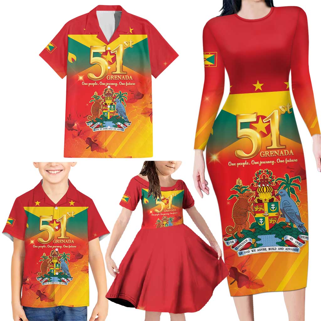 Happy 51st Independence Day Grenada Family Matching Long Sleeve Bodycon Dress and Hawaiian Shirt One People One Journey One Future