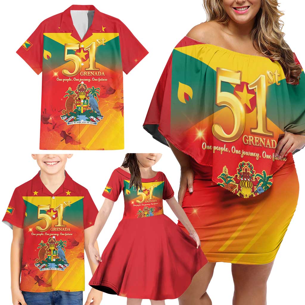 Happy 51st Independence Day Grenada Family Matching Off Shoulder Short Dress and Hawaiian Shirt One People One Journey One Future