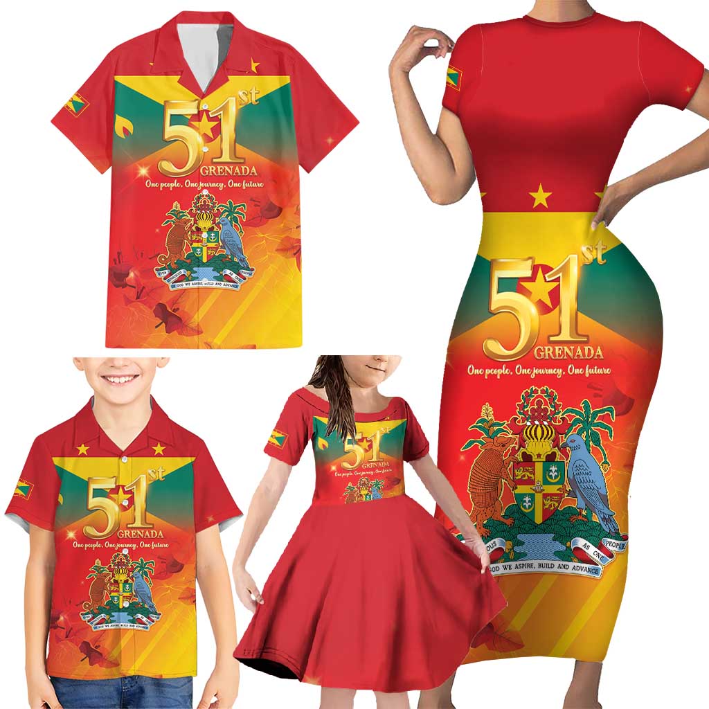 Happy 51st Independence Day Grenada Family Matching Short Sleeve Bodycon Dress and Hawaiian Shirt One People One Journey One Future