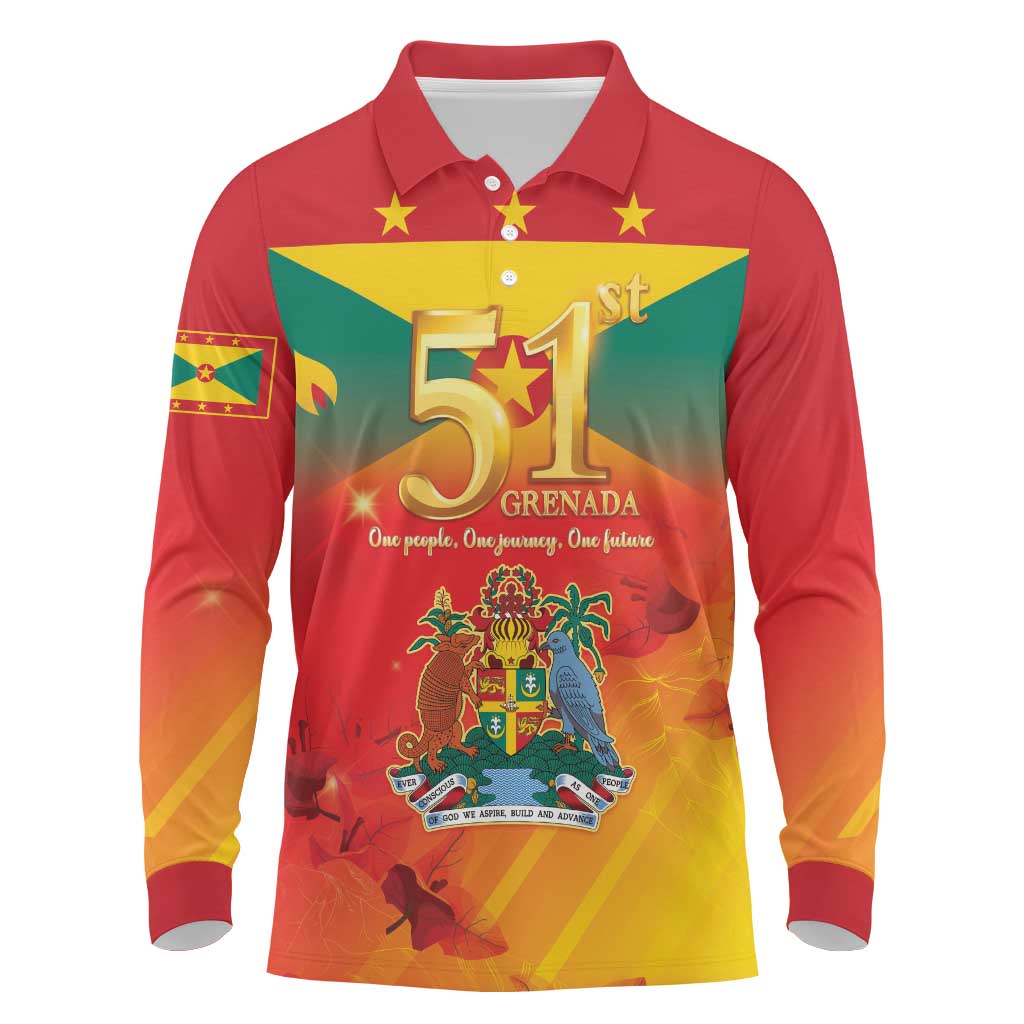 Happy 51st Independence Day Grenada Long Sleeve Polo Shirt One People One Journey One Future