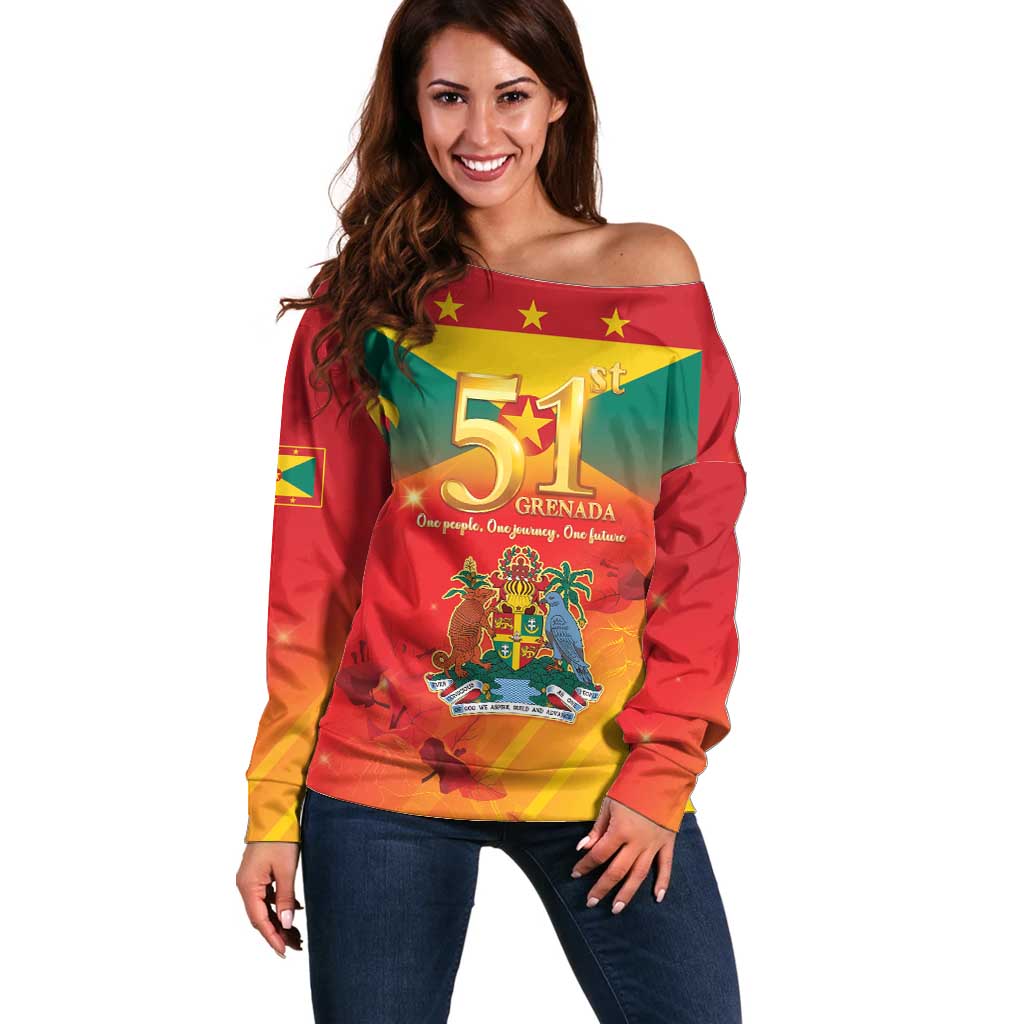 Happy 51st Independence Day Grenada Off Shoulder Sweater One People One Journey One Future