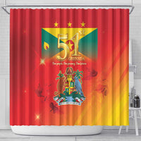 Red shower curtain with Grenada 51st crest, stars, and multicolor patriotic design