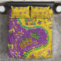 Mardi Gras glitter bedding set with yellow, purple and green patterned comforter and two pillows